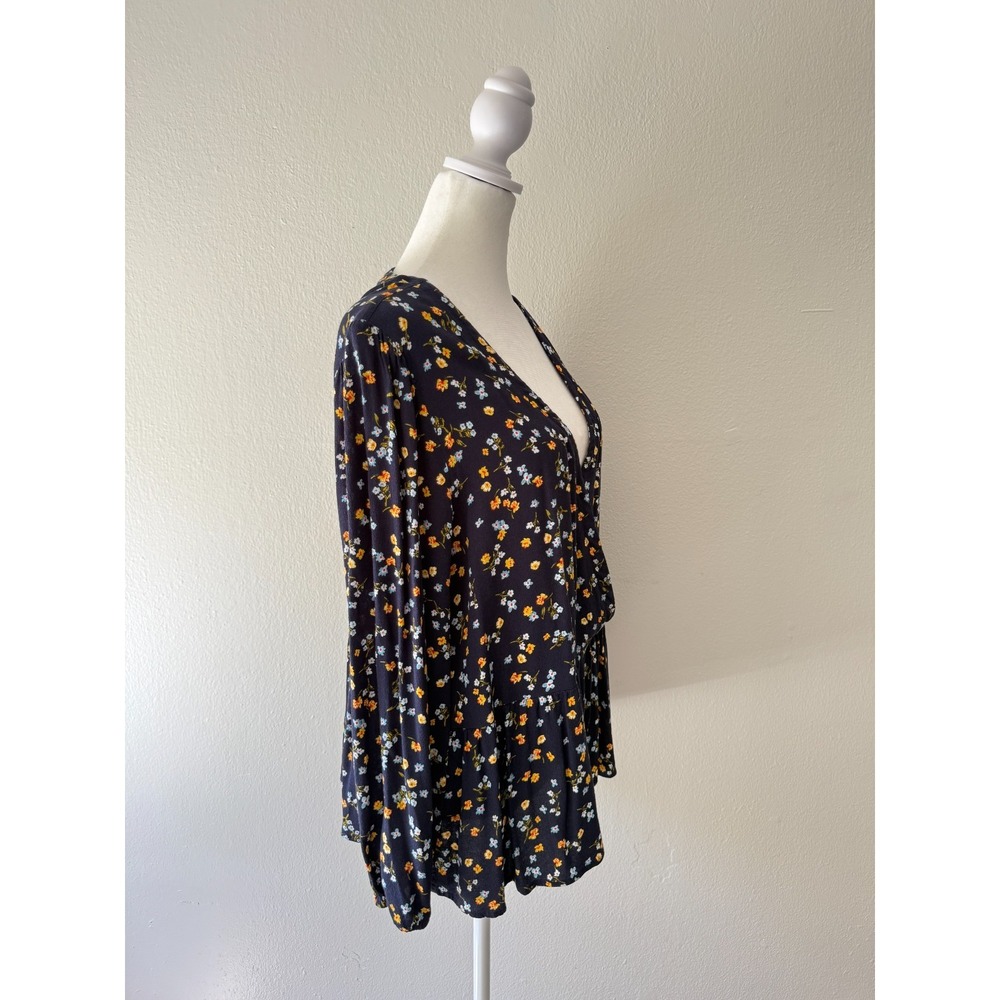 LOFT Women's L Navy Floral Print Faux Wrap V-Neck Long Sleeve Peplum Hem Blouse - Picture 3 of 10